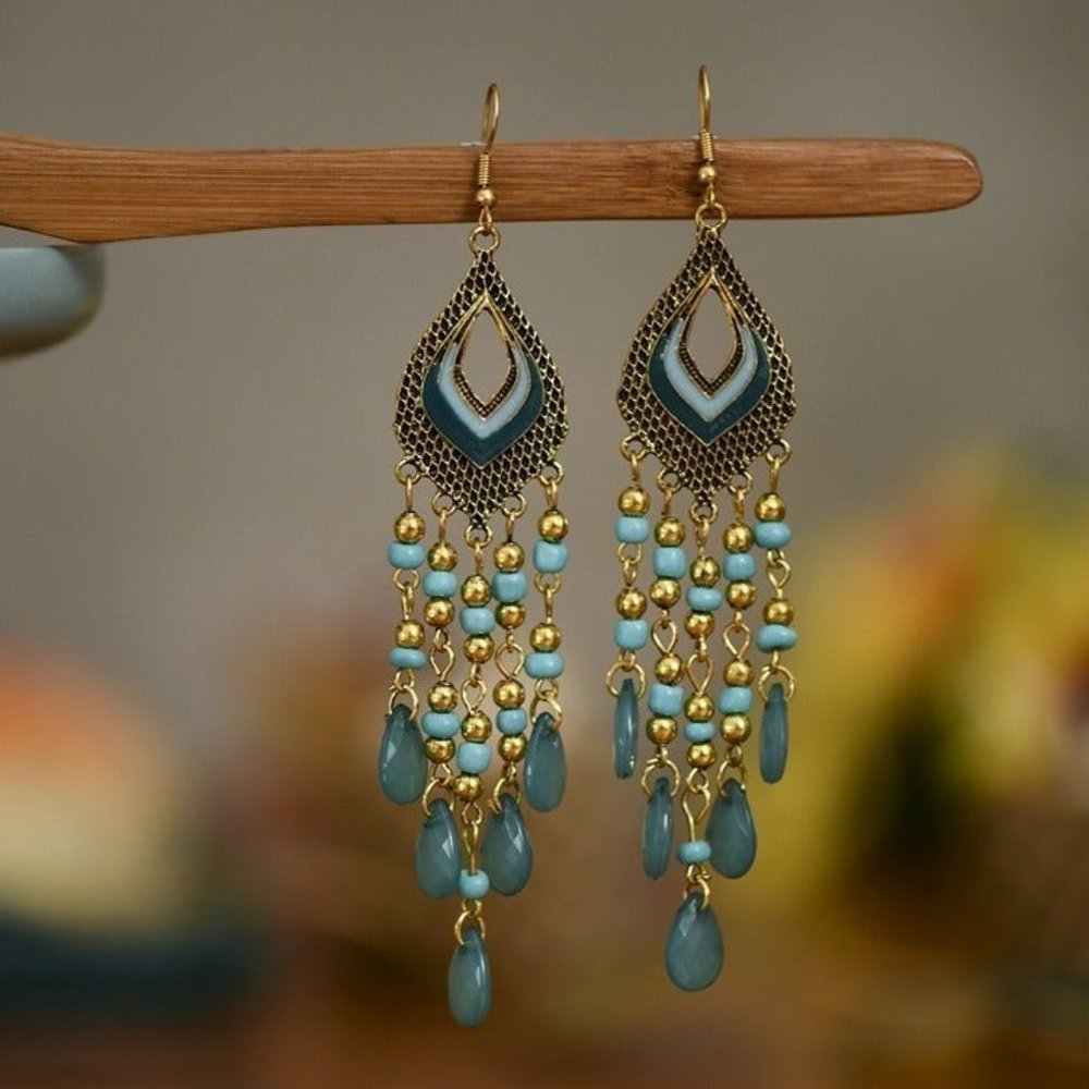 Tear Drop Enamel and Glass Bead Statement Earrings